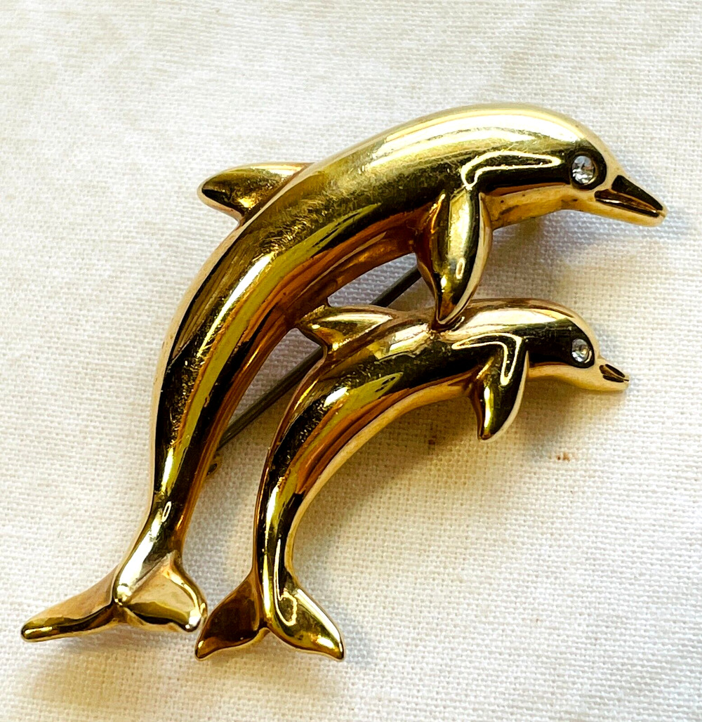Krementz Dolphin Mother Baby Pin Gold Overlay Porpoise Brooch Rhinestone Eyes